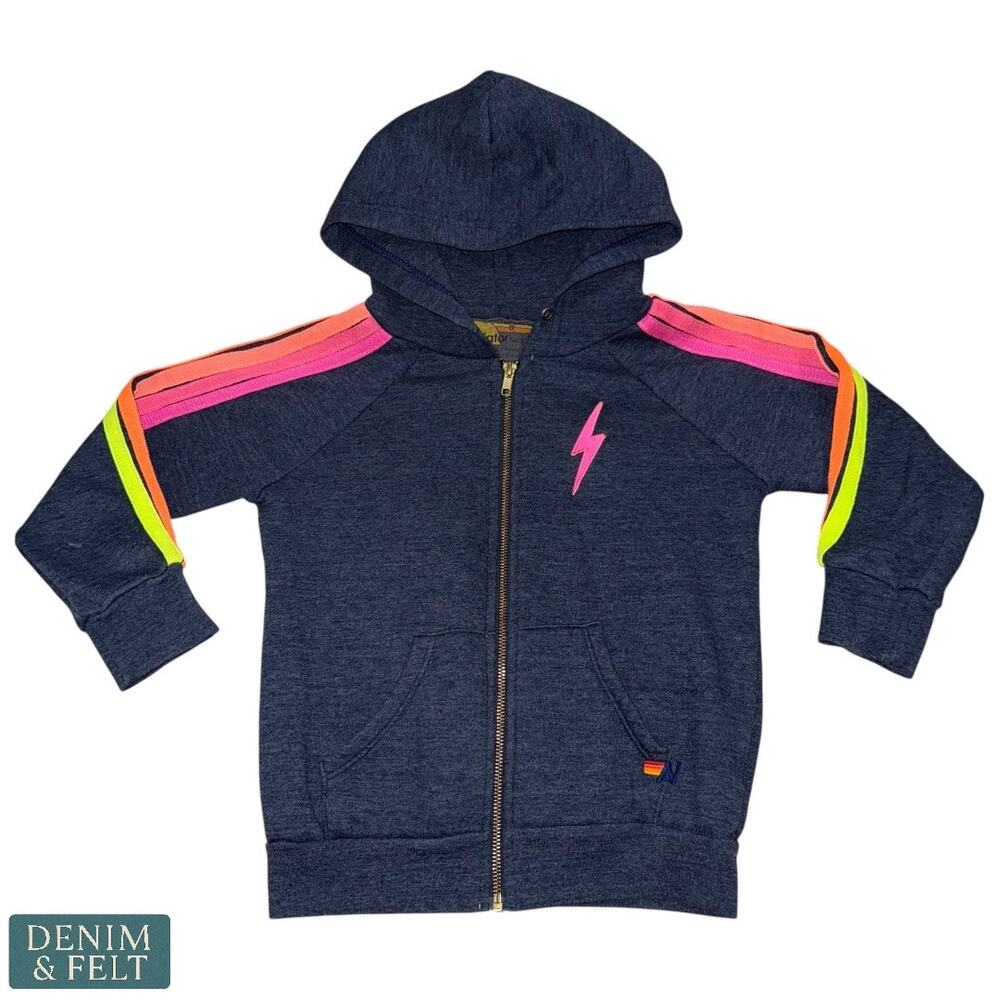 Aviator Nation Kids Lightning Bolt Full Zip Hoodie Navy Rainbow Stripes Size 8